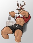 abs anthro antlers bodily_fluids bulge clothed clothing clothing_lift ear_piercing ear_ring horn male muscular muscular_legs muscular_male pecs piercing pubes ring_piercing shirt shirt_lift solo sweat topwear anjing_kampuss deer mammal hi_res