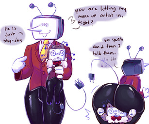 ambiguous_gender anthro ass_on_face big_butt blush blush_lines butt clothed clothing collared_shirt dress_shirt duo front_view gloves hand_holding handwear male male/ambiguous rear_view shirt smile speech_bubble spiral spiral_eyes text topwear sherlock-catt deltarune undertale_(series) tenna_(deltarune) felid feline mammal 6:5 absurd_res english_text hi_res