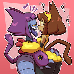 1_eye after_kiss anthro big_butt big_tail big_tongue blush blush_lines bodily_fluids breast_squish breasts brown_hair brown_tail butt butt_grab club_arms confuse duo eyelashes eyewear eyewear_on_head female female/female glistening glistening_body glistening_thighs goggles goggles_on_head grey_body hair half-closed_eyes hand_on_butt narrowed_eyes purple_body purple_hair purple_tail purple_tongue red_sclera robotic_arm robotic_body saliva saliva_string shadow sharp_fingers sharp_teeth short_hair simple_background spiral spiral_eyes squish standing tail teeth thick_thighs tongue tongue_out whiskers mk210 gameoverse glitch_productions kit_bodega malice_(gameoverse) domestic_cat felid feline felis mammal robot_anthro 1:1 hi_res