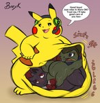 abdominal_bulge absurd_res anthro axew belly bunearyk chubby_cheeks colored cutaway electronics english_text fattychu feral fur generation_1_pokemon generation_5_pokemon group hands_on_hips headgear headphones headset hi_res male male_pred nintendo obese obese_anthro obese_male overweight overweight_anthro overweight_male pikachu pokemon pokemon_(species) rumbling_stomach smug smug_face text translucent trio vore yellow_body yellow_fur zorua