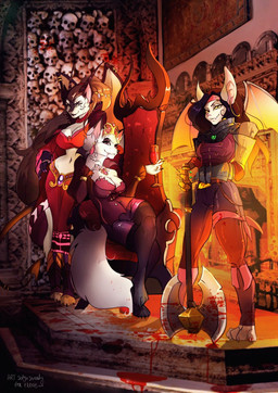 anthro axe bat_wings big_breasts black_hair blood blood_splatter bodily_fluids bone breasts brown_hair chair cleavage clothed clothing container crown cup digitigrade drinking_glass ear_piercing ear_ring fangs female fireplace fur furniture glass glass_container glass_cup group hair headgear horn knight looking_at_viewer melee_weapon membrane_(anatomy) membranous_wings midriff navel piercing queen reclining ring_piercing royalty skull smile smirk teeth throne warrior weapon white_body white_fur wine_glass wings sofya_(artist) the_pirate's_fate mila_(the_pirate's_fate) morgana_(the_pirate's_fate) nakhta bat canid canine demon felid feline fox mammal vampire hi_res
