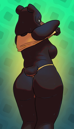 anthro breasts butt clothed clothing female fur looking_at_viewer overweight pose raised_arm raised_clothing rear_view shirt simple_background solo standing tail tank_top thick_thighs thong topwear underwear undressing undressing_self wide_hips mesmeristmina bear mammal sun_bear ursine absurd_res digital_media_(artwork) hi_res pinup