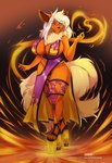 anthro big_breasts blonde_hair breasts cleavage clothed clothing elemental_manipulation female fire fire_manipulation footwear hair high_heels multi_tail orange_body panties sandals shoes solo tail underwear purplelemons canid canine mammal digital_media_(artwork) hi_res shaded