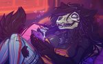 anthro black_body black_fur black_hair blush bone breasts cellphone clothing electronics female fur hair heart_symbol leggings legwear lying on_back phone skull skull_head smartphone smile solo white_eyes dimwitdog scp_foundation scp-1471-a canid canine malo mammal monster undead 2020 hi_res