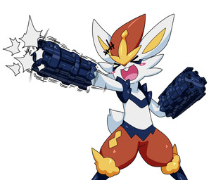 anthro blush eyes_closed featureless_crotch gatling_gun gun gun_arm machine_gun male minigun nude_anthro nude_male open_mouth pointy_ears ranged_weapon shooting_gun simple_background weapon weapon_arm white_background white_body dlrowdog nintendo pokemon cinderace generation_8_pokemon pokemon_(species) 6:5 hi_res