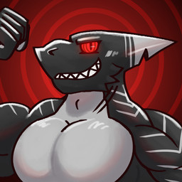abstract_background anthro barazoku black_body dorsal_fin dorsal_fin_scar fin glowing glowing_eyes grey_body grey_lines hypnosis hypnotic_eyes looking_at_viewer male mind_control multicolored_body muscular muscular_male pose ringed_eyes simple_background smile solo spiral_background tail haha-yea negashark aquatic fish shark 1:1 2026 hi_res
