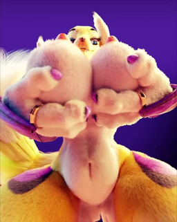 armwear big_breasts big_hands black_sclera bouncing_breasts breast_play breasts bridal_gauntlets clothing colored_nails digit_ring female finger_ring fluffy fluffy_tail fur hand_on_breast holding_breast huge_breasts hyper hyper_breasts jewelry looking_at_viewer nails nipples nude purple_eyes slim solo tail thick_thighs white_body white_fur yellow_body yellow_fur picti bandai_namco digimon canid digimon_(species) mammal renamon 3d_(artwork) 3d_animation animated digital_media_(artwork) loop no_sound short_playtime video
