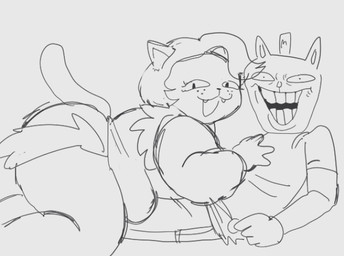 anthro belly big_butt biped bottomwear butt clothed clothing duo fangs fat_arms female female_on_top grin hair hand_on_chest hat headgear headwear looking_at_viewer lying male male/female male_on_bottom narrowed_eyes on_back on_bottom on_top open_mouth open_smile overalls overweight overweight_anthro overweight_female pants parody pupils shirt shortalls side_view simple_background slit_pupils smile tail teeth thick_thighs topwear weight_difference white_background anarchoblues norbit_(film) undertale_(series) burgerpants catty_cattenheimer domestic_cat felid feline felis mammal 2024 greyscale monochrome sketch
