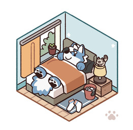anthro bed bedroom biped black_pawpads blue_body blue_fur chibi countershade_fur countershading dot_eyes fur furniture lying male on_back on_bed pawpads simple_eyes sleeping solo white_body white_countershading white_fur trzeko1 canid canine canis mammal wolf 2024 hi_res