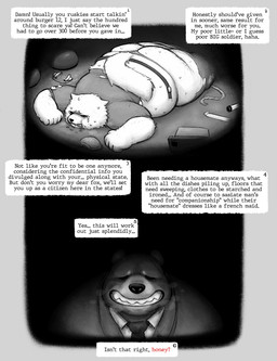 anthro bad_end belt belt_buckle bite_taken bodily_fluids breath broken_belt broken_chair buckle burger butt cellulite clothed clothing creepy creepy_smile dialogue duo food food_on_face footwear force_feeding forced fur gag half_eaten_food male male/male military_uniform necktie on_ground open_mouth overweight overweight_anthro overweight_male ring_gag rope russian saliva scary shoes smile soviet_union stretched_clothing stretched_underwear suit sweat tail tears text torn_clothing uniform weight_gain zlut385 arctic_fox bear black_bear canid canine fox mammal true_fox ursine comic digital_drawing_(artwork) digital_media_(artwork) english_text greyscale hi_res monochrome