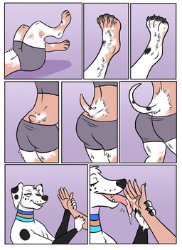 aged_up black_pawpads black_spots border bottomwear brown_hair claw_growth claws clothing dialogue duo feet female feral floppy_ears fur grey_bottomwear grey_clothing grey_shirt grey_shorts grey_tank_top grey_topwear growth hair licking multiple_collars paw_growth pawpads paws pounce shirt shorts spots tail tail_growth tail_nub talking_feral tank_top tongue topwear transformation transformation_sequence transformation_through_licking white_body white_border white_fur bubbeh 101_dalmatian_street 101_dalmatians disney the_succubus_hunt dolly_(101_dalmatians) leader_(the_succubus_hunt) sidekick_(the_succubus_hunt) canid canine canis dalmatian domestic_dog human mammal absurd_res comic hi_res