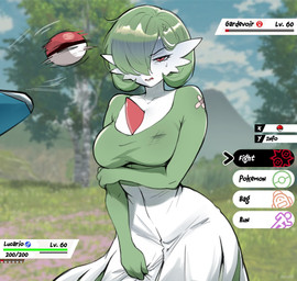 band-aid bandage biped bodily_fluids breasts clothed clothing detailed_background eyelashes female female_humanoid frown green_hair hair medium_breasts not_furry outside pokeball pupils scuff_marks sweat text thick_thighs white_body wide_hips nefitail nintendo pokemon gardevoir generation_3_pokemon humanoid pokemon_(species) absurd_res hi_res