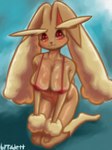 anthro big_breasts bikini bikini_top blush breasts brown_body clothing female fur looking_at_viewer red_eyes simple_background smile solo swimwear two-piece_swimsuit brradett nintendo pokemon generation_4_pokemon lopunny pokemon_(species) 2024 3:4 digital_drawing_(artwork) digital_media_(artwork) hi_res shaded signature