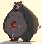 anthro barefoot belly big_belly blush bottomwear claws clothed clothing duo feet fur hair heart_symbol hug hugging_belly larger_anthro male mouth_closed nude obese obese_anthro obese_male overweight overweight_anthro overweight_male paws shirt shorts size_difference smaller_human smile standing topwear razigator disney the_jungle_book baloo bear human mammal 2024 hi_res signature