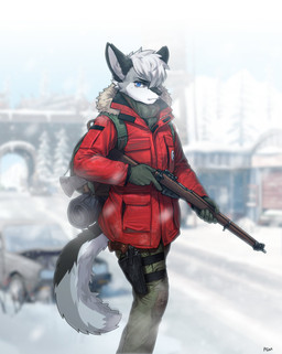 5_fingers anthro blue_eyes blurred_background bottomwear building car clothed clothing countershading fingers fully_clothed gloves gun handgun handwear holster holstered_pistol inner_ear_fluff jacket male outside pants pistol post-apocalyptic ranged_weapon red_clothing red_jacket red_topwear revolver rifle snow solo topwear tuft vehicle weapon pgm300 canid canine canis domestic_dog mammal 2022 absurd_res digital_media_(artwork) hi_res shaded