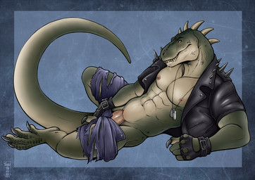 abs anthro blue_background bodily_fluids bottomwear claws clothed clothing denim denim_bottomwear denim_clothing denim_shorts drooling finger_claws fingerless_gloves genitals gloves green_body green_scales handwear looking_at_viewer male muscular muscular_anthro nipples partially_clothed penis penis_base saliva scales sharp_teeth shorts simple_background smile solo tail teeth textured_background toe_claws undressing tanutanuki rocco_(tallion) dinosaur prehistoric_species reptile saurischian scalie theropod tyrannosaurid tyrannosauroid tyrannosaurus tyrannosaurus_rex 2026