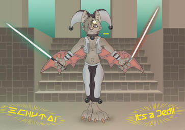 3_toes alternative_fashion anthro armwear bangs barefoot bat_wings bell belly big_hands bored bottomwear claws clothing collar crotch_lines ellipsis emo feet femboy fluffy fool's_hat fur green_lightsaber hair half-closed_eyes hat headgear headwear holding_object holding_weapon jedi jester lightsaber long_bangs long_hair male male_anthro melee_weapon membrane_(anatomy) membranous_wings midriff narrowed_eyes navel orange_lightsaber pants pink_nose shirtless shirtless_anthro shirtless_male simple_background solo spread_arms spread_wings standing stare tan_body tan_fur tan_hair text toes unimpressed weapon wings nickelcatengine final_fantasy square_enix star_wars mammal moogle absurd_res aurebesh_text character_cipher colored_sketch digital_media_(artwork) hi_res sketch