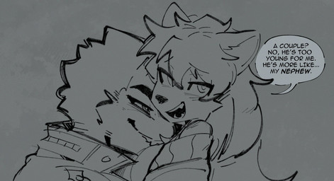 age_difference anthro bite biting_lip biting_own_lip duo female male male/female older_female self_bite text younger_male goonie-san goon_(goonie_san) wolfy_(ress_ue) canid canine canis domestic_dog felid feline mammal wolf english_text hi_res monochrome