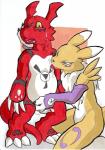 2018 amber_eyes ambiguous_gender bandai_namco bedroom_eyes blue_eyes bodily_fluids canid canine daigaijin digimon digimon_(species) digital_hazard duo fur guilmon licking mammal markings mostly_nude narrowed_eyes nude red_body red_scales renamon saliva scales scalie seductive simple_background symbol tongue tongue_out white_background yellow_body yellow_fur