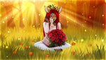 5_fingers anthro breasts clothed clothing day detailed_background ear_piercing female fingers forest grass hair hooves outside piercing plant red_hair smile solo tree amur deer mammal 2018 digital_media_(artwork)