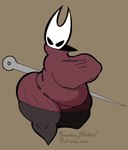 angry anthro belly big_belly big_breasts bottomless breasts cloak clothed clothing female fupa horn looking_at_viewer nail_(weapon) overweight red_cloak red_clothing red_topwear simple_background skindentation solo text thick_thighs tight_clothing tight_topwear topwear white_face smokey_blokey hollow_knight team_cherry hornet_(hollow_knight) arachnid arthropod insect spider weaver_(hollow_knight) artist_name flat_colors hi_res signature url