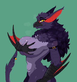 5_fingers accessory anthro anthrofied areola arm_belt beak bell belt belt_buckle big_breasts bodily_fluids breasts buckle claws covering covering_breasts eyebrows eyelashes facial_tuft female female_anthro finger_claws fingers fur fur_tuft furgonomics green_background grey_beak hand_bra head_tuft looking_at_viewer mane membrane_(anatomy) membranous_wings mouth_closed nude nude_anthro nude_female pupils purple_body purple_ears purple_fur purple_scales red_inner_ear red_pupils red_wings scales scuted_arms scutes side_view simple_background small_waist solo standing sweat sweatdrop tail tail_accessory tail_bell tuft white_sclera winged_arms wings yellow_eyes dorans_flea capcom monster_hunter flying_wyvern nargacuga 2023 aliasing binary_drawing cel_shading digital_drawing_(artwork) digital_media_(artwork) english_description portrait shaded three-quarter_portrait