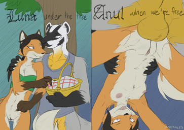 anal anal_penetration anthro anthro_on_anthro anthro_penetrated anthro_penetrating anthro_penetrating_anthro areola balls basket black_hair black_markings black_nose blue_eyes bottomless bottomless_anthro bottomless_female bottomless_male breasts brown_markings clothed clothing container dipstick_tail doggystyle duo female female_anthro female_penetrated fingers from_behind_position fur genitals gloves_(marking) grey_body grey_fur hair leg_markings male male/female male_anthro male_penetrating male_penetrating_female markings multicolored_body multicolored_fur navel nipples nude nude_anthro nude_female nude_male open_mouth orange_body orange_fur penetration penile picnic_basket plant pose sex shirt simple_background small_breasts smile socks_(marking) tail tail_markings tank_top topwear tree vulva white_body white_fur yellow_body yellow_fur sealer4258 kardokis luna_(sealer4258) badger canid canine fox mammal mustelid musteline red_fox true_fox comic digital_media_(artwork) hi_res