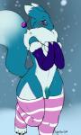 alternate_color antennae_(anatomy) anthro balls black_nose blue_body blue_fur blue_penis blush chest_tuft clothing femboy flaccid foreskin fur genitals gloves handwear leg_warmers legwear looking_at_viewer male penis pom_antennae purple_eyes solo tail tuft white_body white_fur nightfaux bandai_namco digimon fan_character hal_(nightfaux) canid canine digimon_(species) mammal renamon 2014 3:5 digital_media_(artwork) hi_res