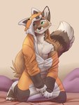 anthro biped clothing costume digitigrade dipstick_tail fur furry_wearing_fursuit fursuit green_eyes kigurumi kneeling male markings multicolored_tail onesie orange_body orange_fur pecs solo tail tail_markings koul johny_(koul) canid canine fox mammal 2018 digital_media_(artwork)