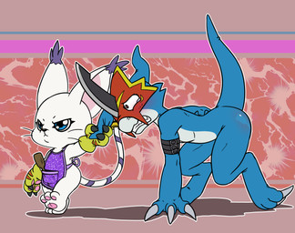 ambiguous_gender apron armor blue_body blue_eyes blue_skin blush bodily_fluids brush butt_slap claws clothing digitigrade duo ear_pull feral fur gloves hairbrush handwear headgear helmet horn larger_sub mostly_nude simple_background size_difference slap spanking straps submissive tail tears white_body white_fur lkiws bandai_namco digimon mythology digimon_(species) dragon felid feline felis flamedramon gatomon mammal mythological_creature mythological_scalie scalie