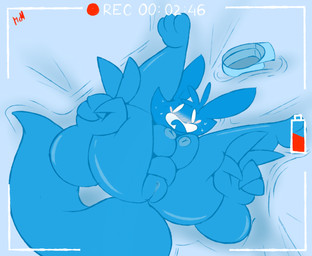 anthro blue_body blush bodily_fluids breast_squish breasts camera_view clothing crossgender female genitals gesture hand_gesture hat headgear headwear looking_at_viewer nipples open_mouth recording solo squish sweat sweatdrop thick_thighs tongue v_sign vulva mcmadus kali_(kilinah) canid canine fox mammal 2017 digital_media_(artwork)