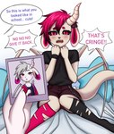 absurd_res alternative_fashion ambiguous_gender anthro black_sclera chain clothed clothing dialogue disembodied_hand duo english_text fangs first_person_view floppy_ears goth hair hi_res horn hybrid leggings legwear looking_at_viewer male_(lore) milo_the_chimera pandalaw photo pink_hair purple_eyes solo_focus spider_legs teasing teeth text torn_clothing torn_leggings torn_legwear white_body