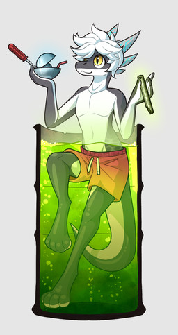 anthro barrel clothing digitigrade drinking_straw hair male paws radioactive_waste screwdriver simple_background swimming_trunks swimwear tools uranium_rod white_hair yellow_eyes roawayart demon_core mythology triti dragon mythological_creature mythological_scalie scalie 2024 hi_res