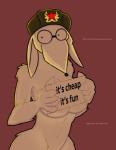 5_fingers breasts clothing covering covering_breasts covering_self eyewear female fingers glasses hat hat_only headgear headgear_only headwear headwear_only holding_object holding_sign looking_at_viewer mostly_nude sign simple_background solo text under_boob youtuber sovietwomble womble absurd_res english_text hi_res