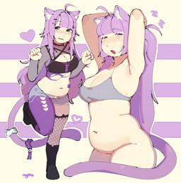 :3 belly bottomless bra breasts cleavage clothed clothing female female_humanoid fishnet_clothing fishnet_legwear fishnet_thigh_highs hair legwear looking_at_viewer navel open_mouth purple_hair raised_arms slightly_chubby slightly_chubby_female slightly_chubby_humanoid smile tail thigh_highs underwear crypine animal_humanoid cat_humanoid felid felid_humanoid feline feline_humanoid humanoid mammal mammal_humanoid hi_res