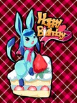 ambiguous_gender anthro argyle_(pattern) argyle_background black_nose blue_body blue_eyes blue_hair blush blush_lines cake cake_slice dessert feet fingers food fruit gloves_(marking) hair leg_markings markings mostly_nude pattern_background pink_scarf pink_tongue plant raised_tail scarf scarf_only semi-anthro simple_background sitting snaggle_tooth socks_(marking) solo strawberry tail text thick_thighs three-quarter_view toes tongue xmu nintendo pokemon eeveelution generation_4_pokemon glaceon pokemon_(species) 2012 3:4 cel_shading digital_media_(artwork) english_text full-length_portrait portrait shaded