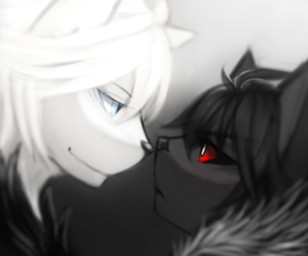 abstract_background ambiguous_gender anthro black_fur black_hair black_nose blue_eyes bunic eye_contact fur gradient_background hair mammal nose_to_nose portrait red_eyes side_view smile white_fur white_hair
Rating: Safe
Score: 3
User: NaughtyPenguin
Date: April 24, 2014