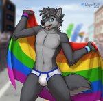 anthro black_text blue_seam_briefs blue_seam_underwear briefs briefs_only bulge clothed clothing colored_seam_briefs colored_seam_underwear flag flag_(object) holding_flag holding_object lgbt_pride male navel open_mouth open_smile outside pride_colors public sharp_teeth smile solo standing teeth teeth_showing text tighty_whities tongue_showing topless underwear underwear_only white_briefs white_clothing white_underwear wagnermutt zach_the_wolf canid canine canis mammal wolf 2024 absurd_res hi_res