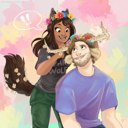 antlers beard black_clothing black_shirt black_topwear blue_bottomwear blue_clothing blue_flower blue_shirt blue_topwear bottomwear brown_body brown_hair brown_lips brown_skin brown_tail clothed clothed_female clothed_humanoid clothed_male clothing colorful_background duo exclamation_point eyelashes facial_hair fangs female female_humanoid flower flower_crown flower_in_tail fluffy fluffy_tail fully_clothed fully_clothed_female fully_clothed_humanoid fully_clothed_male green_bottomwear green_clothing green_eyes green_pants grey_beard grey_facial_hair hair happy horn humanoidized light lips long_hair looking_at_another looking_back looking_back_at_another male male_humanoid open_mouth open_smile pants pink_tongue plant pockets shirt short_hair sitting smile smiling_at_another smiling_at_each_other speech_bubble standing tail tan_antlers tan_body tan_ears tan_skin teeth text text_on_clothing text_on_shirt text_on_topwear tongue topwear white_flower aibyou real_world mica_burton ryan_haywood animal_humanoid bovid bovid_humanoid bovine bovine_humanoid canid canid_humanoid canine canine_humanoid cattle_humanoid humanoid mammal mammal_humanoid tailed_humanoid wolf_humanoid 1:1 2014 colored digital_drawing_(artwork) digital_media_(artwork) english_description english_text hi_res lighting shaded url