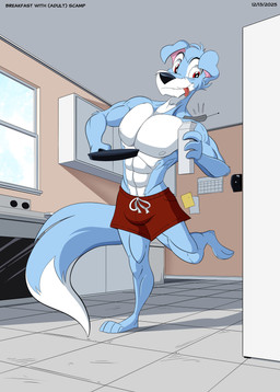 abs aged_up anthro athletic_wear biceps big_muscles big_pecs bottomwear cheeky_smile clothing container cookware dairy_products electronics food frying_pan gym_bottomwear gym_shorts holding_container holding_object inside kitchen kitchen_utensils male milk muscular muscular_anthro muscular_arms muscular_male muscular_thighs pecs phone shorts smile solo sportswear tongue tongue_out tools kenthenugget scamp_(crescent_blue) canid canine canis domestic_dog hybrid mammal mixed_breed schnauzer wolf absurd_res hi_res