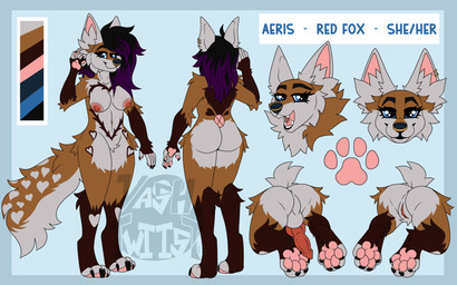 animal_genitalia animal_penis anthro areola barbell_piercing big_tail black_hair breasts canine_genitalia canine_penis canine_teeth claws crotch_tuft ear_piercing ear_ring eyelashes facial_piercing female finger_claws fingerpads fur genitals gynomorph hair heart_(marking) heart_symbol highlights_(coloring) humanoid_genitalia humanoid_vulva intersex long_eyelashes markings nipple_piercing nipples nose_piercing nose_ring orange_body orange_fur pawpads penis piercing purple_hair ring_piercing solo standing tail text toe_claws tuft ventral_groove vulva white_body white_fur vashtwiist aeris_(aeristhefox) canid canine fox mammal red_fox true_fox 16:10 hi_res model_sheet widescreen trans_(lore) trans_woman_(lore)