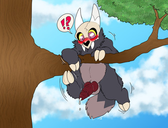 animal_genitalia animal_penis anthro aroused blush bodily_fluids climbing_tree cloud erection fluffy genital_fluids genitals hanging_from_branch interrobang knot knotted_penis leaking_precum male nubbed_penis penis plant precum slipping solo tree young young_anthro young_male shockley23 disney the_owl_house king_clawthorne demon titan_(the_owl_house) absurd_res hi_res
