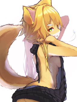 anthro blonde_hair breasts butt clothed clothing eyebrows female female_anthro fingers fluffy fluffy_tail fur green_eyes hair kemono long_hair looking_at_viewer side_view simple_background smile solo sweater tail topwear virgin_killer_sweater white_body white_eyebrows white_fur yellow_body yellow_fur tabhead meme_clothing re:zero frederica_baumann canid canine fox mammal 2020 absurd_res digital_media_(artwork) digital_painting_(artwork) hi_res meme painting_(artwork) portrait three-quarter_portrait