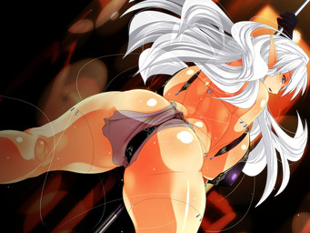 big_breasts blue_eyes bodily_fluids breasts butt clothed clothing collar dancing female hair looking_at_viewer looking_back not_furry pole pole_dancing rear_view side_boob skimpy solo sweat white_hair wide_hips amagasahigasa elf humanoid 4:3