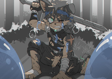 adolescent anthro athletic athletic_male bodily_fluids clothing genital_fluids genitals male melee_weapon muscular muscular_young one_eye_closed penis precum scar solo sword torn_clothing weapon wet young leeksaltboy xiaozhuang_(leeksaltboy) canid canine canis domestic_dog mammal 2023 hi_res