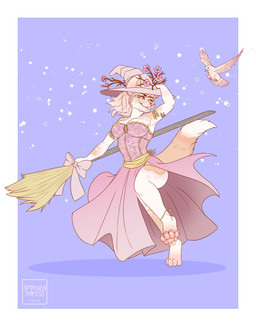 anthro broom cleaning_tool clothed clothing dress duo female front_view fur grey_eyes grin hair hat headgear headwear holding_broom holding_cleaning_tool holding_object orange_body orange_fur pink_clothing pink_dress pink_hair pink_hat pink_headwear smile white_body white_fur tiggybloom avian canid mammal 2019 absurd_res dated hi_res signature