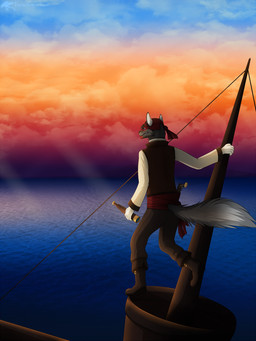 cloud detailed_background outside pirate sea seascape ship sky solo sunset vehicle water watercraft shadarrius canid canine canis mammal wolf hi_res