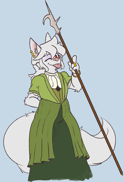 albino bangle billhook clothed clothing crossdressing dress ear_piercing ear_ring eyeshadow green_clothing green_dress jewelry makeup male melee_weapon piercing polearm ring ring_piercing solo thick_thighs tongue tongue_out weapon cheetoeater conditional_dnp dionysus_(cheetoeater) canid canine canis mammal wolf