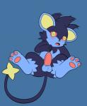 anus balls blush chibi erection feral genitals hand_on_chest head_fur legs_up lying male on_back open_mouth pawpads penis pink_nose round_ears solo star tapering_penis yellow_eyes weblure nintendo pokemon generation_4_pokemon luxray pokemon_(species) absurd_res hi_res