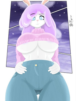 anthro big_breasts blue-eyes bottomwear breasts clothing crop_top denim denim_bottomwear denim_clothing female jeans low-angle_view night pants shirt solo topwear worm's-eye_view artezamp lavender_buns lagomorph leporid mammal rabbit